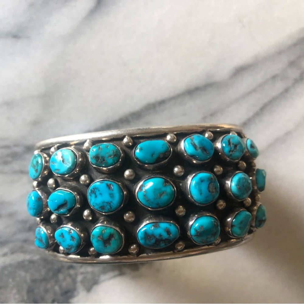 Turquoise Cluster Silver Bracelet by Frank Guerro